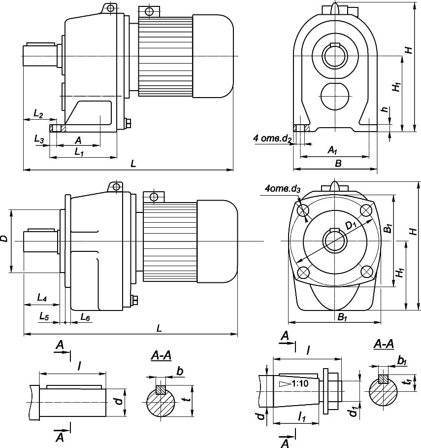 Габаритные и присоединительные размеры мотор-редукторов 1МЦ2С